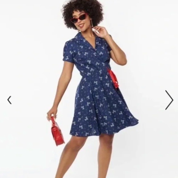 UNIQUE VINTAGE Retro Holiday Party Christmas Dog + Cand Canes Wrap Dress - Picture 3 of 10